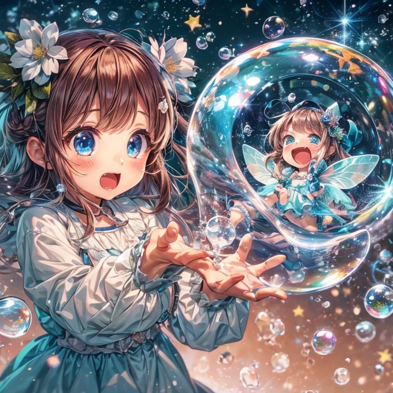 high quality fantasy comedy anime illustration. innocent  crapping a magical soap bubble by hands, enclosed small fairy panicked inside of the unbreakable soap bubble squeezed.