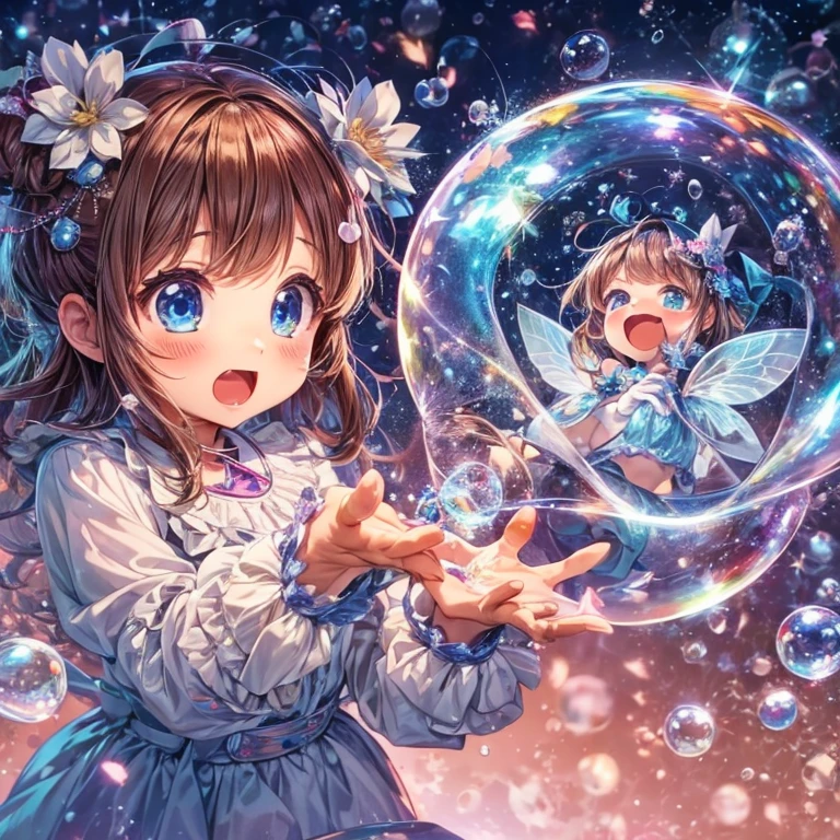 high quality fantasy comedy anime illustration. innocent  crapping a magical soap bubble by hands, enclosed small fairy panicked inside of the unbreakable soap bubble squeezed.