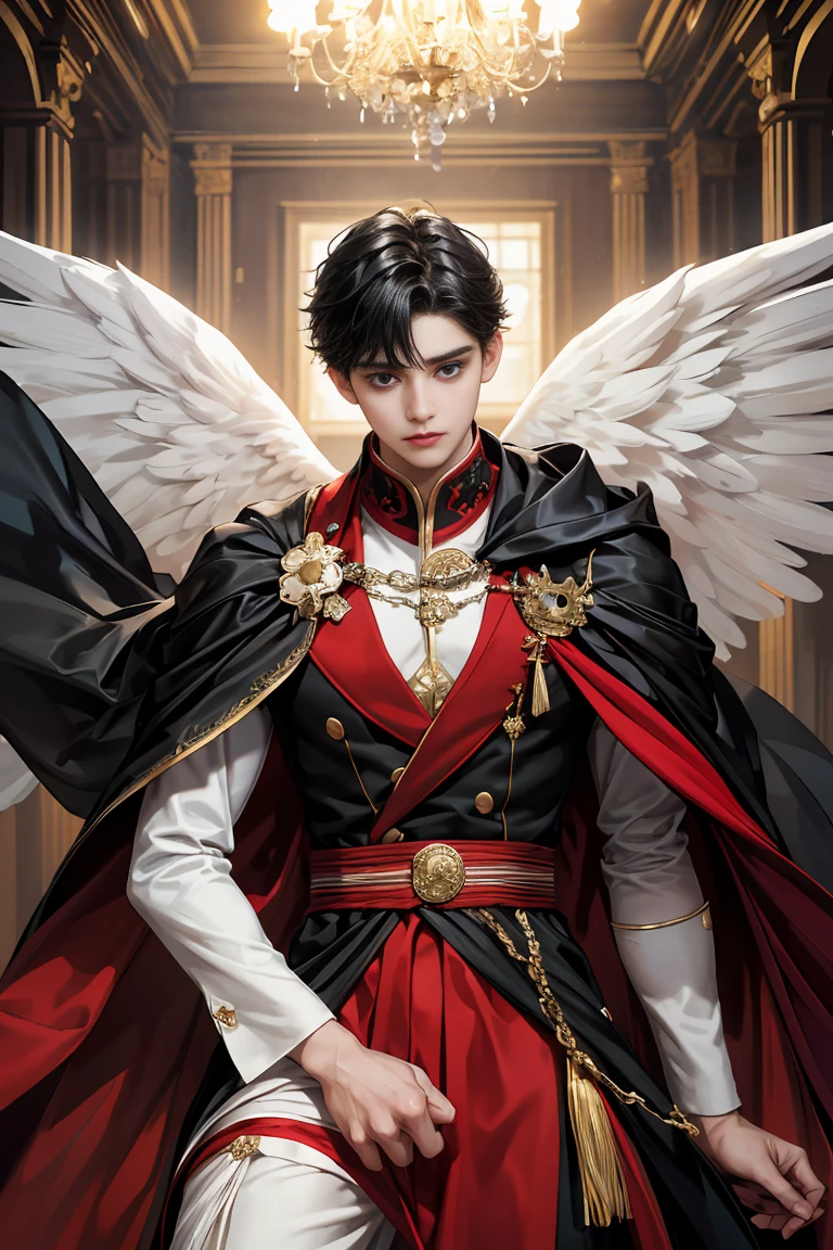 masterpiece, 最high quality, high quality, 1 boy, alone, male focus, looking at the viewer, whole body, Winning spirit_destiny, Messy black hair, blue adorable big eyes, white people, Noble, Noble, Angel、A very big, very big, very big, very long, long red and black cape made with a lot of fabric that reaches all the way down to the floor, 17 years old,cute beautiful boy,cute cute handsome boy