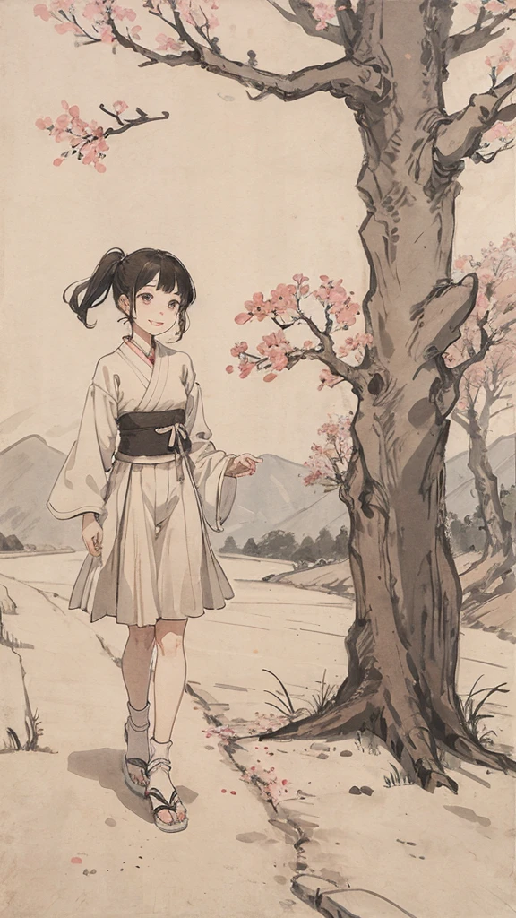 （1:1）Kitten next to a girl、field、Sitting in the steppe、the sky is clear、The wind is blowing,Cherry blossom trees,black hair,smile,walk on the road