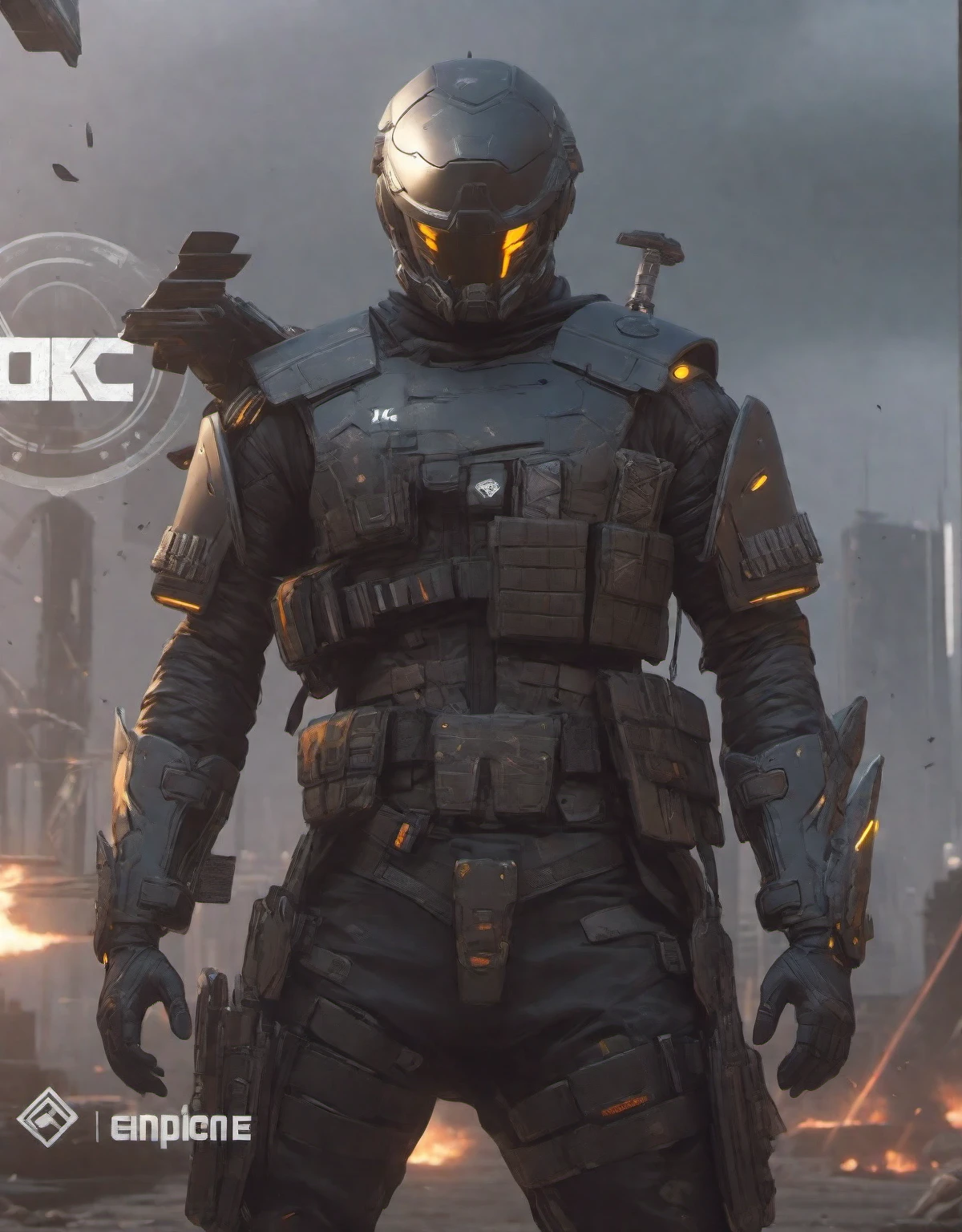 a man in a helmet dressed in tactical armor, With a black cape, three throwing knives holstered on his arm, Pistol holstered on his leg(Best quality, 4k, Masterpiece :1.3), Cyberpunk, Background, Sci-fi landscape, Battle Damage, (Black cape)