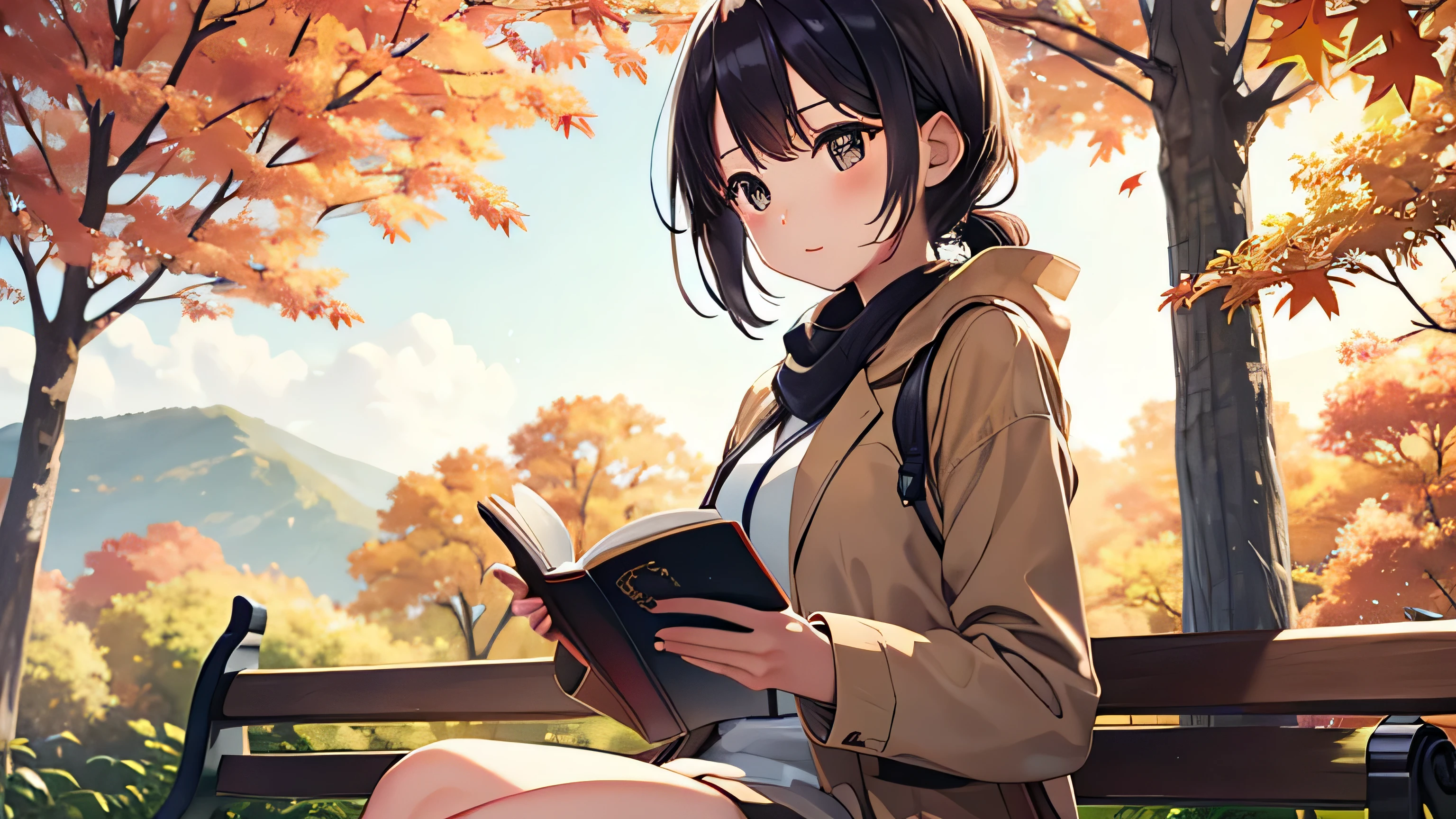 Anime girl sitting on a bench reading a book in the park - SeaArt AI