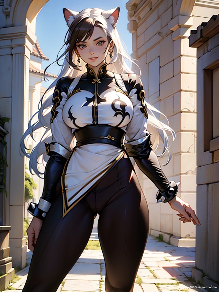 beautiful young female warrior fighter with cat ears on her head, com rosto bem detalhado e bonito, belos olhos, belos olhos, rosto lindo, beautiful young woman wearing long brown leggings with black details, sueter apertado branco, standing in a castle, usando bota preta, cabelo comprido com franja preto, ,orelhas de gato, belo sorriso, tomboy, um pouco musculosa,suter branco com cinta em volta, olhar serio,usando jaqueta de couro apertado preto, com ombreiras de prata nos ombros
