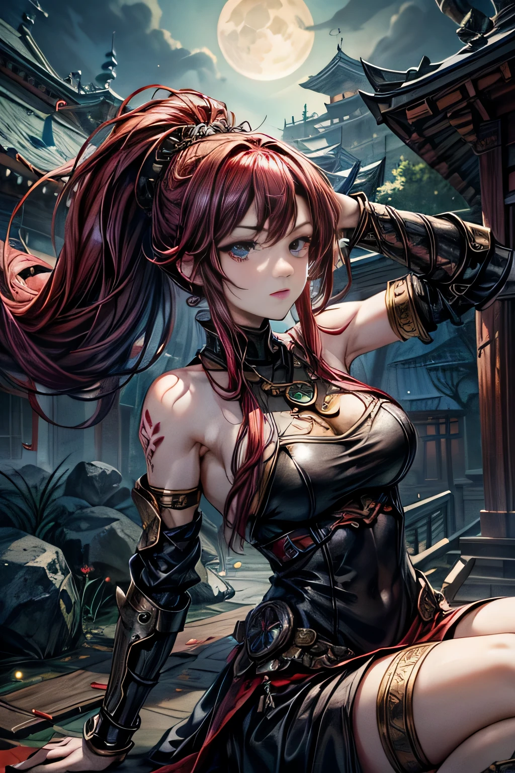 An Asian girl, small eyes and nose, serious look, blood on her face, chic and Asian clothing, earthly dragon in the background, red and sharp eyes, extremely cute hair, orange hair, tribal and Celtic tattoos on the body, looking down, point of view from below.