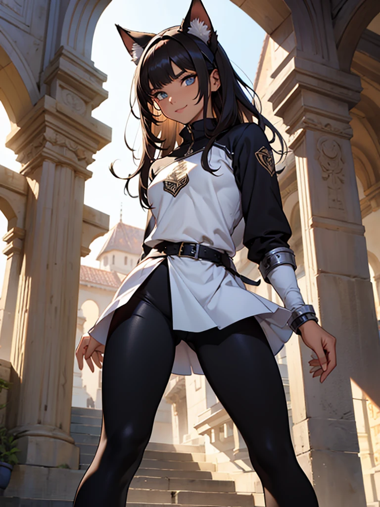 beautiful young female warrior fighter with cat ears on her head, com rosto bem detalhado e bonito, belos olhos, belos olhos, rosto lindo, beautiful young woman wearing long brown leggings with black details, sueter apertado branco, standing in a castle, usando bota preta, cabelo comprido com franja preto, ,orelhas de gato, belo sorriso, tomboy, um pouco musculosa,suter branco com cinta em volta, olhar serio,usando jaqueta de couro apertado preto, com ombreiras de prata nos ombros