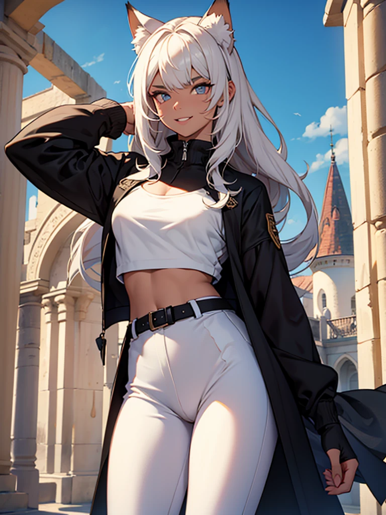 beautiful young female warrior fighter with cat ears on her head, com rosto bem detalhado e bonito, belos olhos, belos olhos, rosto lindo, beautiful young woman wearing long brown leggings with black details, sueter apertado branco, standing in a castle, usando bota preta, cabelo comprido com franja preto, ,orelhas de gato, belo sorriso, tomboy, um pouco musculosa,suter branco com cinta em volta, olhar serio,usando jaqueta de couro apertado preto, com ombreiras de prata nos ombros