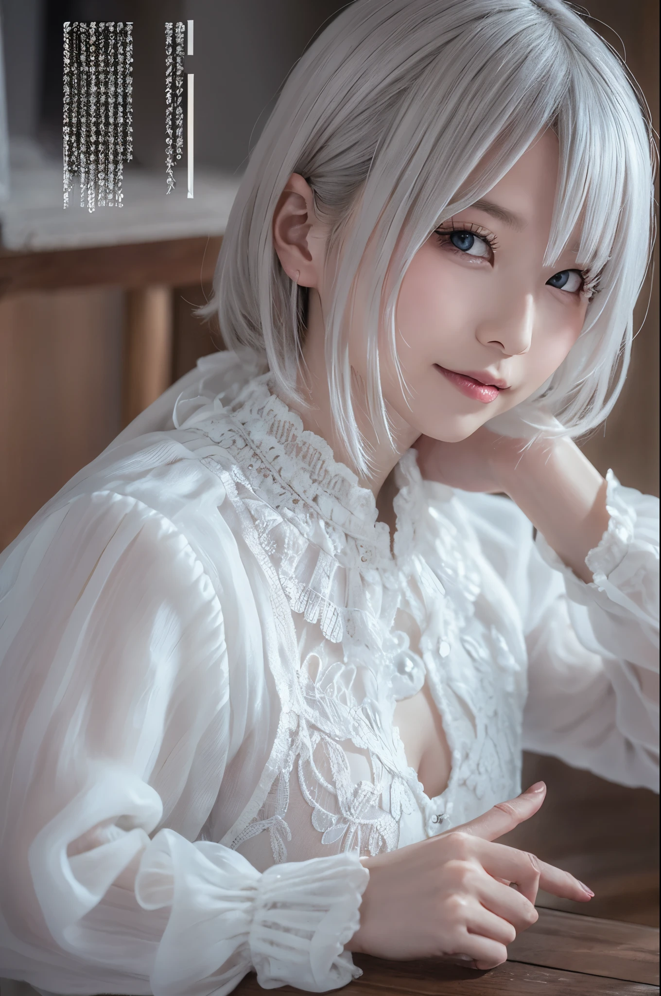 ((high quality)),table top,(Detailed depiction of local details:1.2),1 Japanese girl,(plump breasts:1.3),Enchanted Valley,closed mouth,eyelash,looking at the viewer,portrait,alone,Upper body,gray hair,white theme,short hair,silver hair,Yoruhano. 2 Type B,