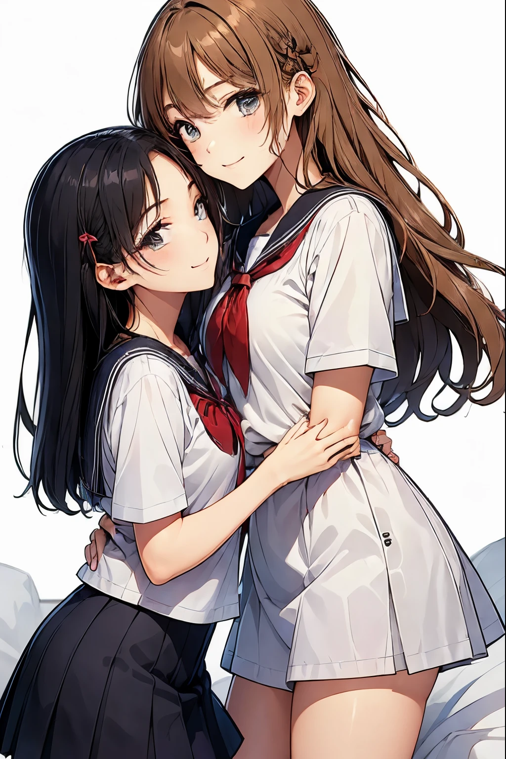 Two high school girls kissing in bed、seductive smile、