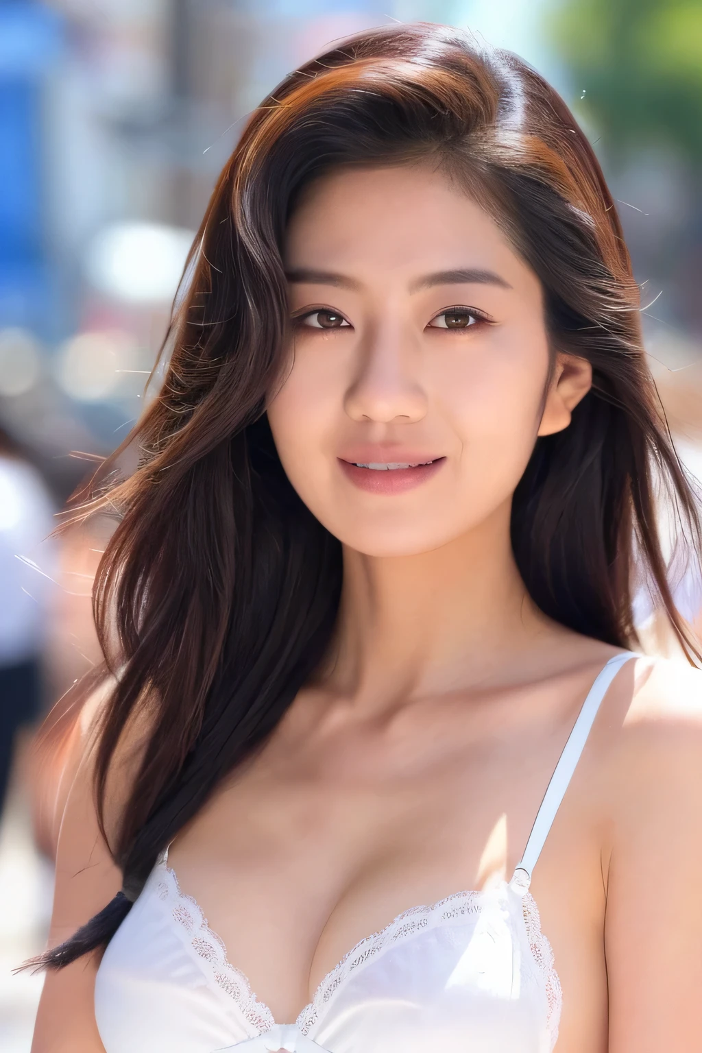NSFW:1.5,((highest quality、8K resolution、master masterpiece、portrait:1.3)), Photoreal, 35mm film, 1 Japanese female, Upper body、on the street during the day, wrinkles around the eyes、sauvage hairstyle、plump body、black hair、smile,((white bra_panties:1.3)) , (outdoor:city street 1.3), jumbled background,look at the audience,Tokyo cityscape:1.3,smile