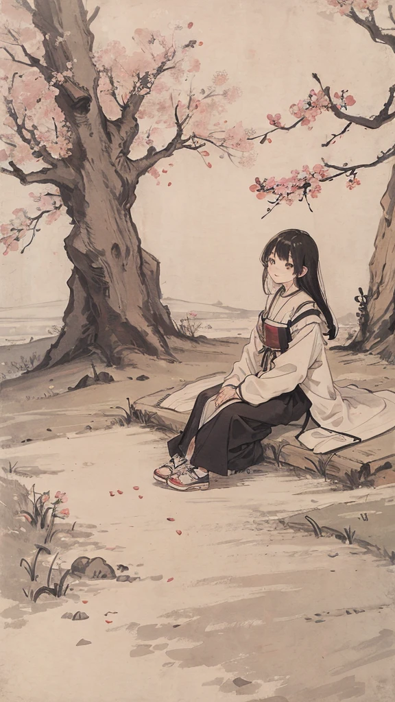 （1:1）Kitten next to a girl、field、Sitting in the steppe、the sky is clear、The wind is blowing,Cherry blossom trees,black hair,smile,walk on the road