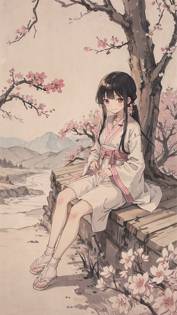 （1:1）Kitten next to a girl、field、Sitting in the steppe、the sky is clear、The wind is blowing,Cherry blossom trees,black hair,smile,walk on the road