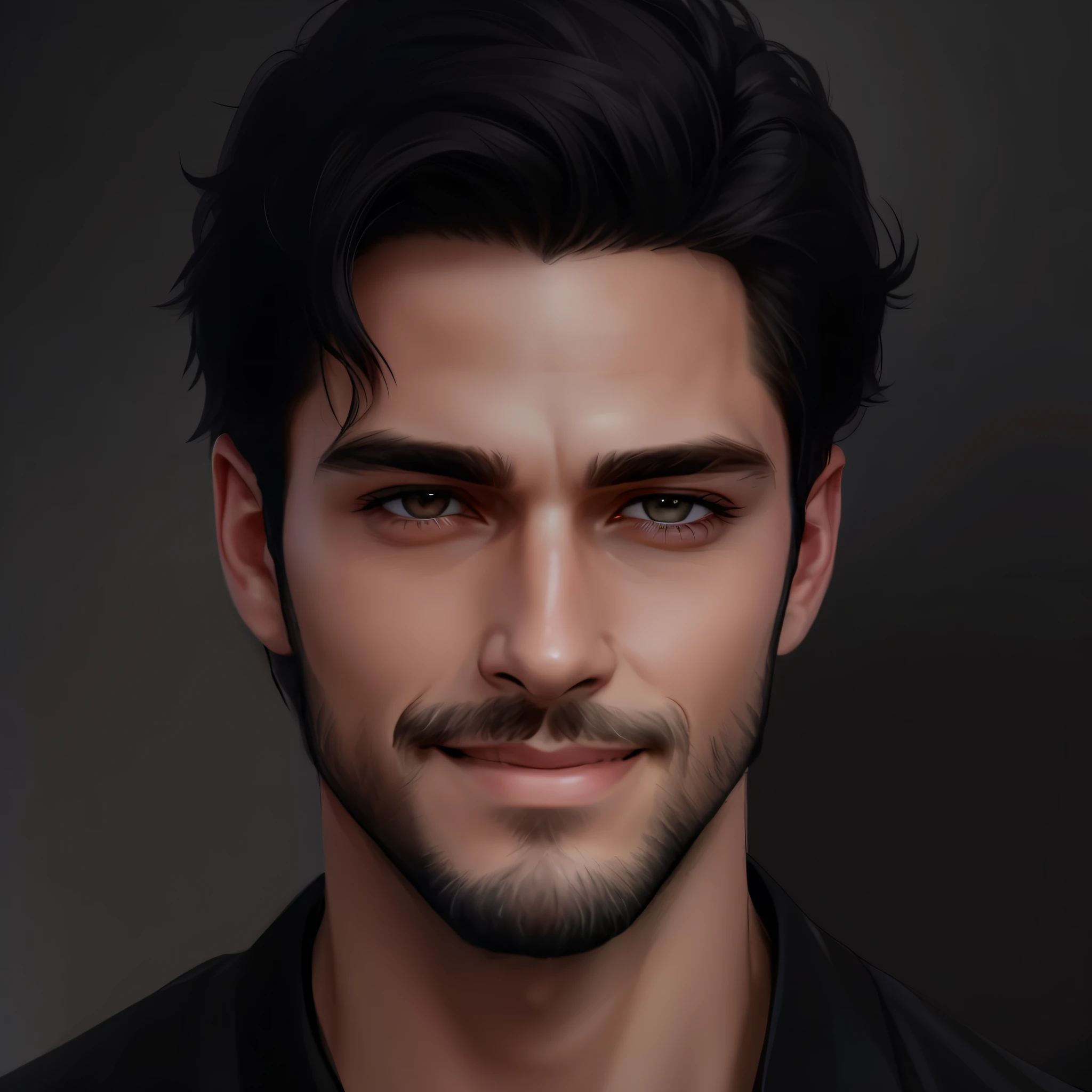le haut du corps d'un homme avec une barbe courte et une chemise noire, (slight smile:1.3), Realistic digital painting, ultra Realistic portrait, detailed character portrait, beautiful detailed face, Realistic portrait, portrait de haute qualité, very detailed portrait, portrait masculin fantastique, ultra Realistic digital painting, portrait artistique de personnage, cinematic Realistic portrait, ultra realistic and precise faces, realistic and detailed face, detailed and realistic face portrait