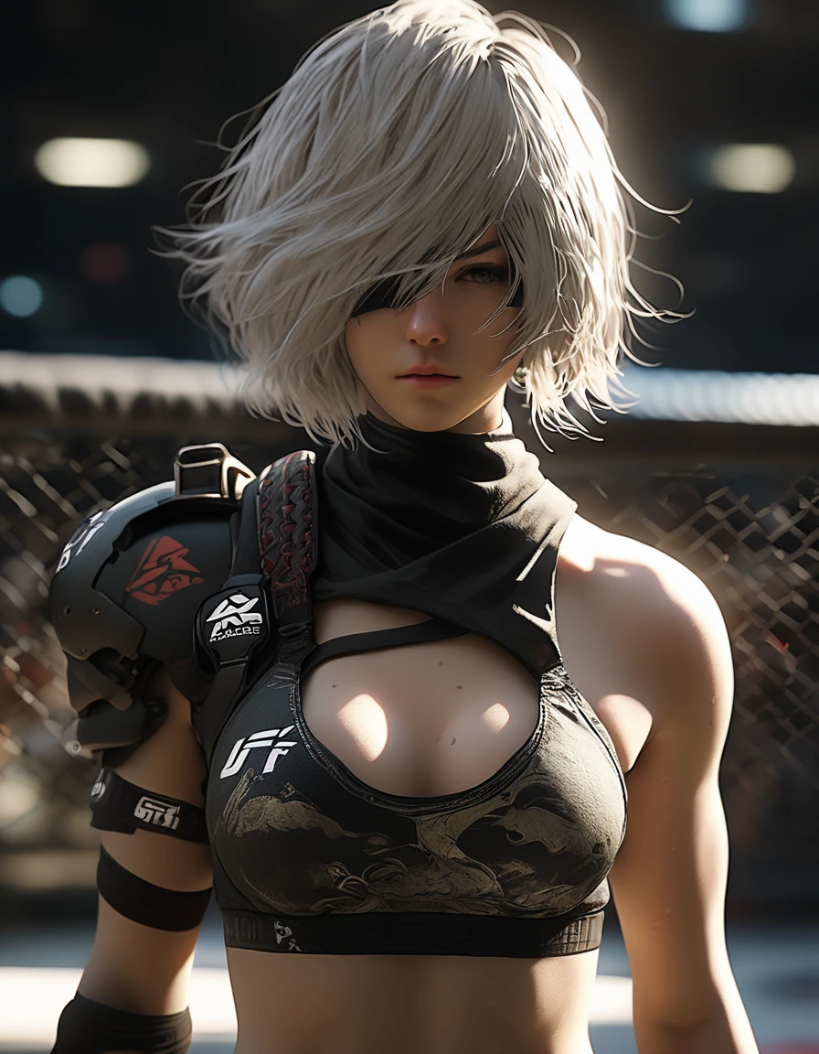 a close up of 2b nier automata in a ufc fighter outfit, cyberpunk art inspired by Leng Mei, Artstation contest winner, neo-figurative, 2b, 2 b, 2b nier automata, nier:automata inspired, nier : automata inspired, badass anime 8 k, nier inspired, film still of 2b nier automata, MMA fightet, wearing UFC bra and short leggings