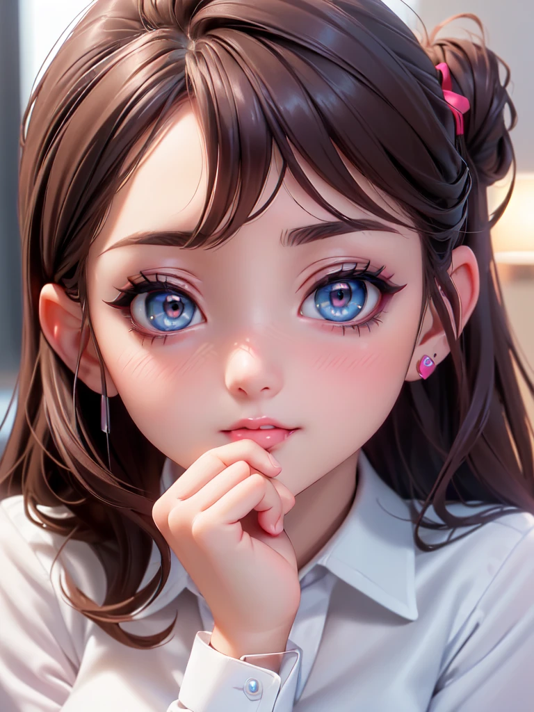 (high quality, High resolution, fine details, actual), ((((A seductive expression)))), Put your hands on my face, rely on, ((((Kiss me)))), alone, miss, ((Female office worker)), Bright Eyes, (exquisite eyes), heart shaped eyes, blush, Shallow depth of field