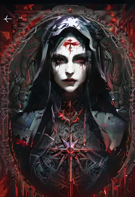 Bright lights, sparkling lights, a backdrop of a pentagram, framed with runes, an evil witch, ominously menacing.