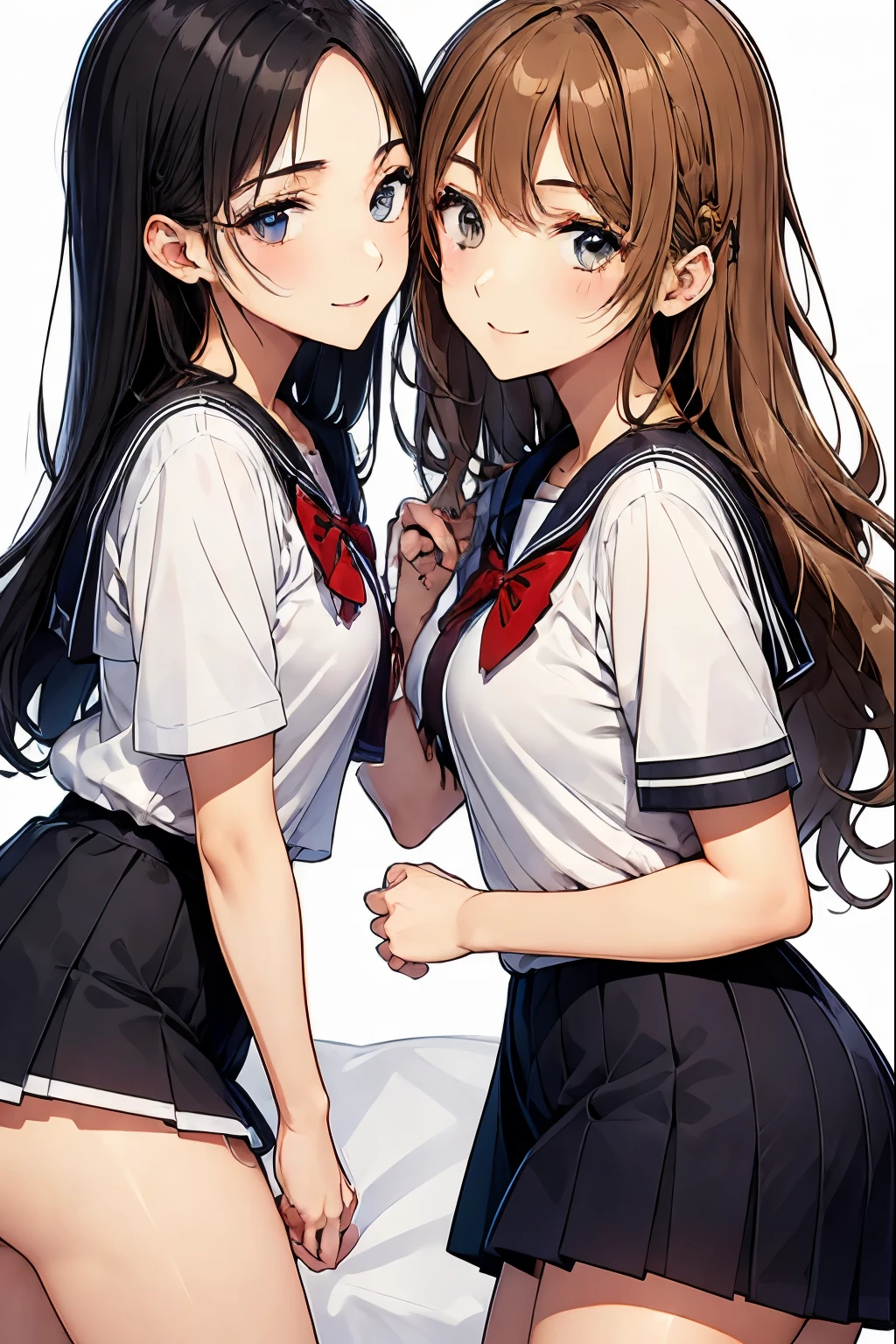 Two high school girls kissing in bed、seductive smile、
