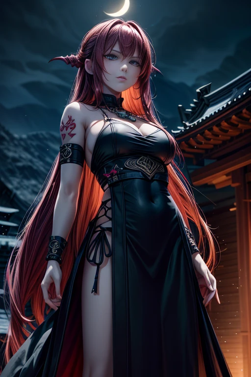 (masterpiece, top quality, best quality, official art, beautiful and aesthetic:1.2), (1girl:1.3), extremely detailed, (fractal art:1.2), colorful, highest detailed, (zentangle:1.2), (dynamic pose), intricate, depth of field, cinematic lighting, soft lighting, yellow light, night, close-up, looking at viewer, parted lips, wallpaper, fantasy, detailed eyes, (red eyes), red hair, long ponytail hairstyle, bangs, five fingers, black horns, dragonian, Dragontail, standing, (cowboy shot)