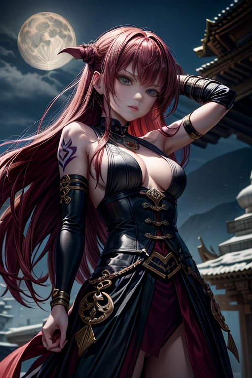 an arcane warrior girl standing on the roof of temple, long red hair laid down on her back, Emarald green eyes, tattoos at arms glowing softly, bracelets, necklace, traditional outfit with sleek, black leather armor with glowing runes and vibrant purple, ancient temple, moon, enchanted forest, arcane runes, mystery, danger, fantasy, adventure, masterpiece, detailed