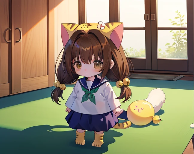 Puchiko, 1 girl, alone, brown hair, brown eyes, tail, have, long hair, serafuku, green_skirt, twintails, bell, hair ornaments, animal have, Cat ear 