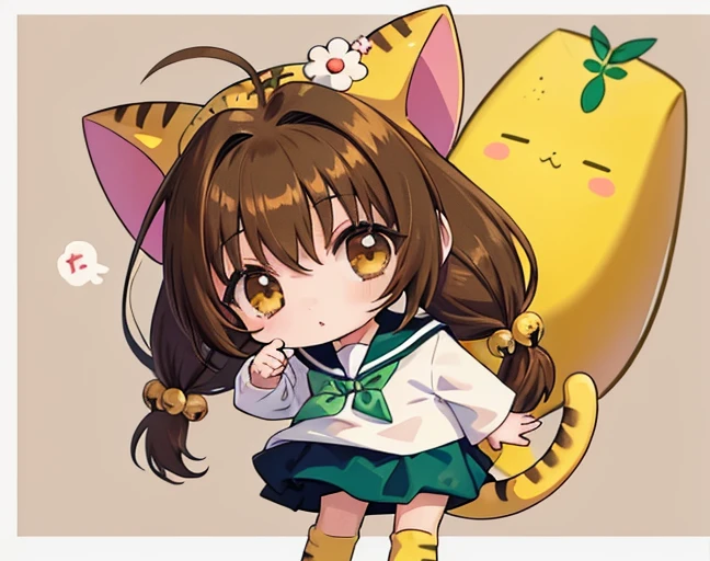 Puchiko, 1 girl, alone, brown hair, brown eyes, tail, have, long hair, serafuku, green_skirt, twintails, bell, hair ornaments, animal have, Cat ear 