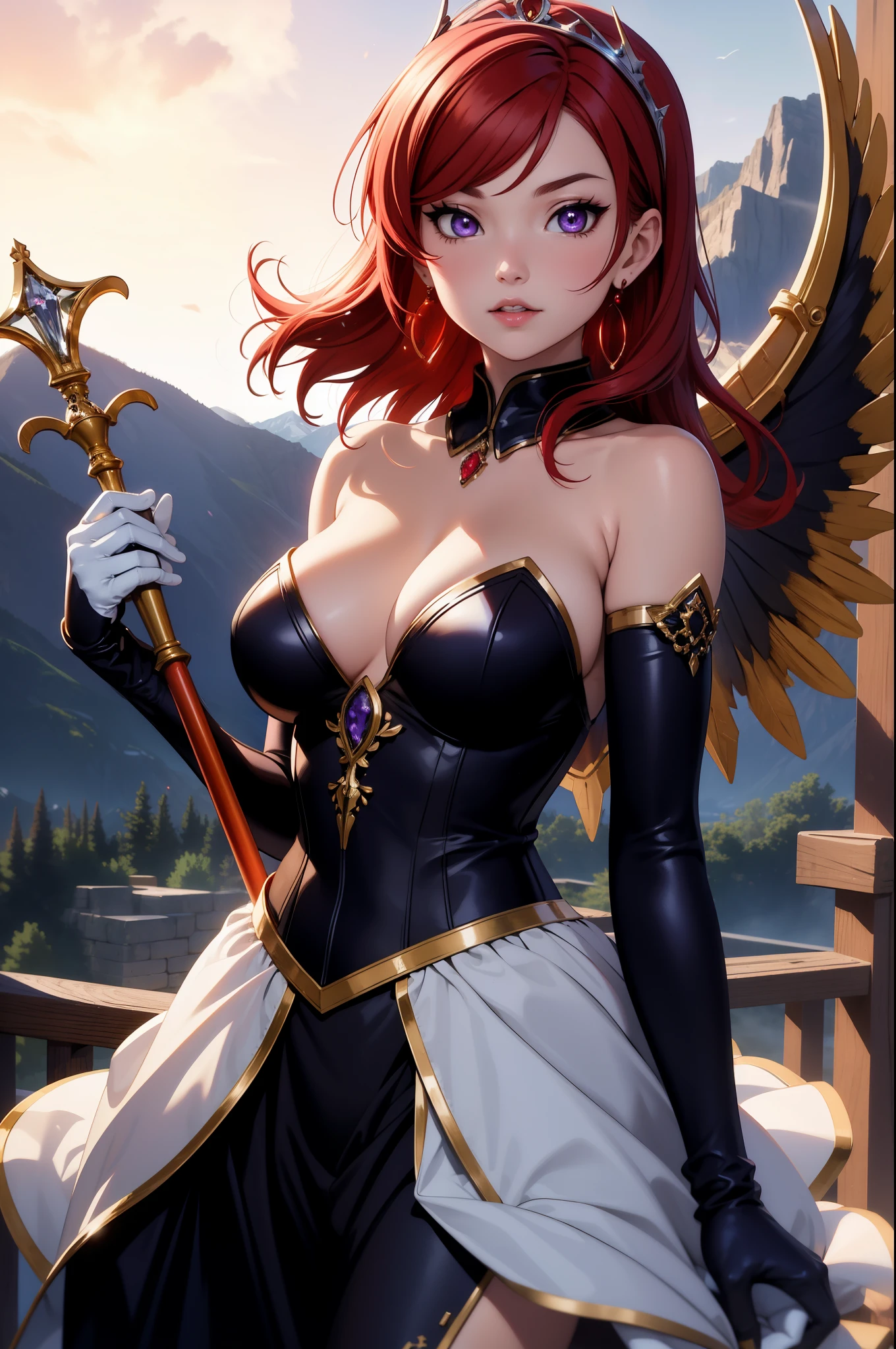 (Masterpiece, Best Quality, High Quality), upper body, facing viewer,volumetric lighting, illustration, beautiful, perfect lighting, perfect shadows,Nishikino maki , cowboy shot, breasts, gloves, holding, bare shoulders, jewelry, earrings, wings, alternate costume, elbow gloves, white gloves, armor, tiara, staff, holding staff, solo, (standing:0.8), purple eyes ,red hair ,in mountains,under moonlight