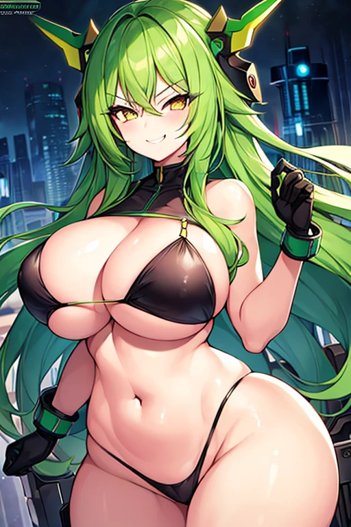 1girl, green hair, yellow eyes, bikini, erect nipples, nipples, smirk, smug, smile, large breasts, wide hips, thick thighs, black bikini, pervert, tech, machinery, futuristic, science-fiction, hair ornament, ornament, toned, toned female