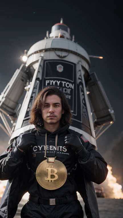 Fighter robot into crypto, he has a shirt wtih a letters of GMRX in it, he is riding a rocketship, he is going to the moon, holding a sacks of GMRX token coin.