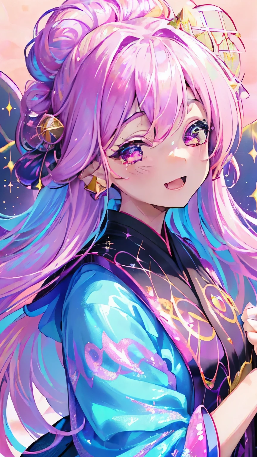 portrait, best quality, super fine, 16k, incredibly absurdres, extremely detailed, smiling cute girl, excited expression, surprised expression, pink messy hair, wind, wind-effect, closed eyes, wearing chic Japanese kimono fashion, (background fantastic and mysterious, variety of visual styles that combine various artistic elements like a sparkling iridescent pastel and vivid colors:1.5)