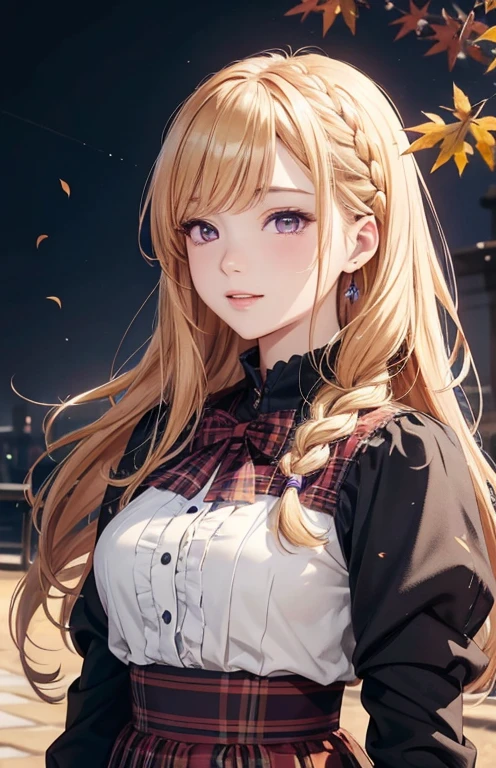 masterpiece、highest quality、High resolution、high quality images、8K, 1 female、skin luster、Texture of skin and clothing、Expression of fine eyes、Shiny bright golden hair,Girl with long braided hair, Manga inspired by Lee Jong-suk, trending on deviantart, realism, detailed manga style, manga art style, perfect line drawing, beautiful line drawing, digital manga art girl, K-POPアイドル, dress, Beautiful purple eyes, plump lips, detailed gorgeous face, (cute smile), charm, innocent, Side view, (perfectly detailed face), (fine hands) photorealistic images, Depth of written boundary, Princess Hairstyles, autumn leaves, Tartan check dress,autumn leaves,美しいautumn leaves,romanticism,