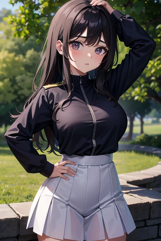 Anime, (4k), profundidad de campo, (obra maestra), (textura de piel 2D), extremadamente detallado, intrincado, hiper detallado, high resolution, Professional photography, bokeh, profundidad de campo, sharp detail, Mejor calidad, mirando al espectador, 1 chica, Solo, enfoque Femnino, loose, light brown hair with a black streak, Violeta claro, cabello largo ondulado ,pelo entre los ojos, Rostro Algo regordete y pero muy femenino y atractivo. ◇ Big breasts and hips , Cintura normal y no muy marcada, Muslos grueso y fuerte ,Brazos delgados y femeninos. Vestida con un uniforme de falda negra y blusa negra escotada, ademas de un haori color blanco con pequenas flores de loro negras bordadas ,humana