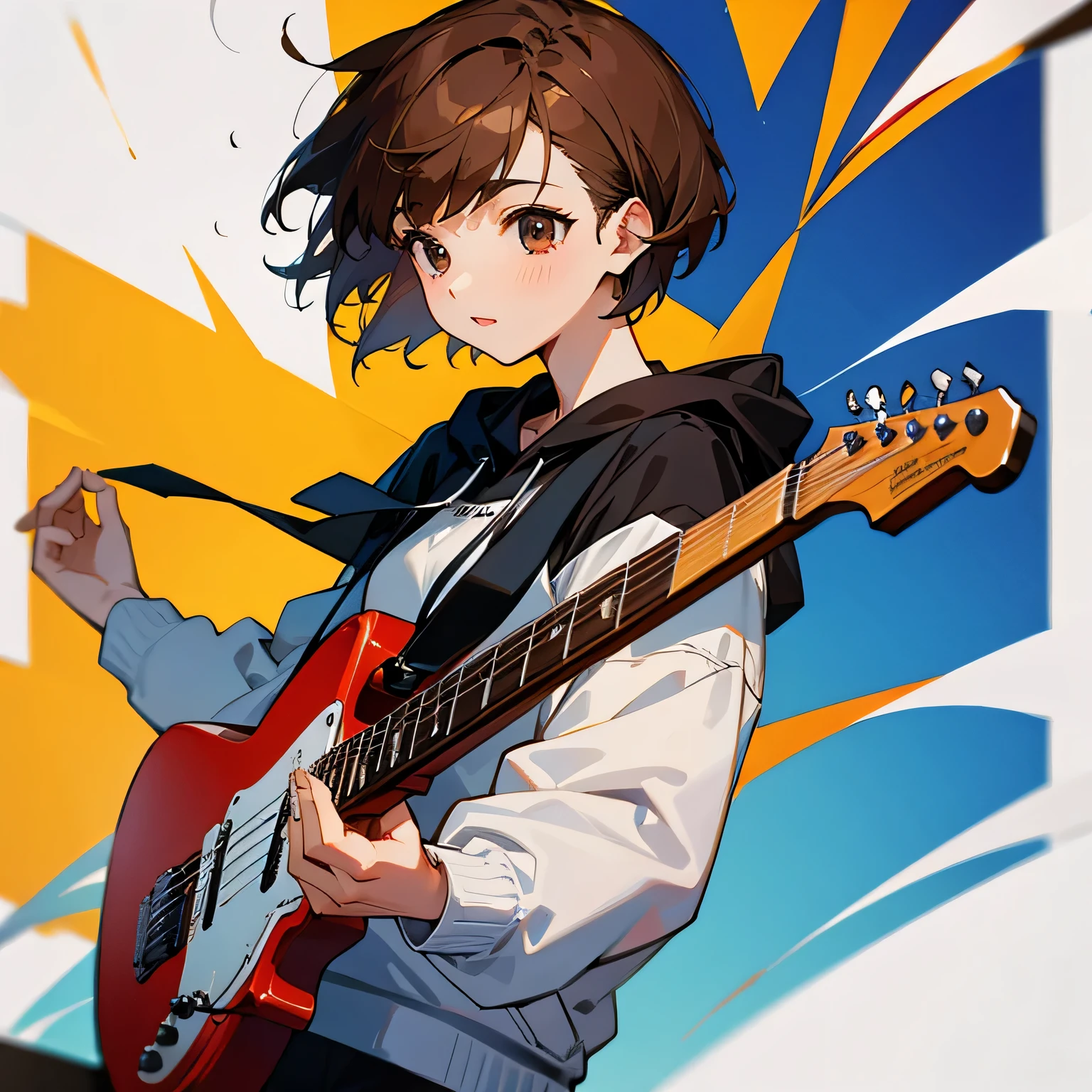 woman、brown hair、short hair、hoodie、play the guitar、live