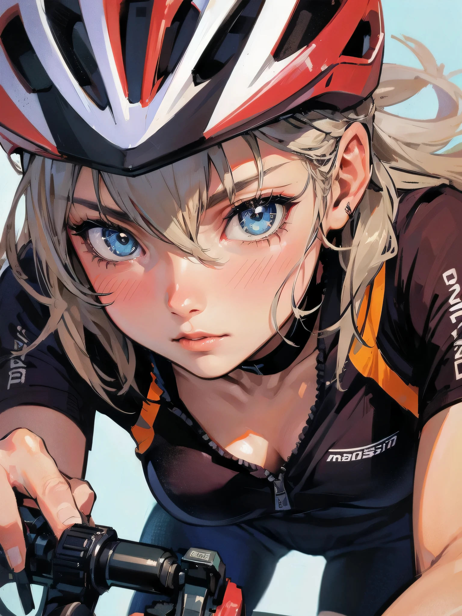 masterpiece, (textured skin), best quality, gorgeous beautiful girl, (a female cycling athlete), detailed clothes,large breasts,narrow waist,, (beautiful face), cinematic lighting, (at cycling venue ),