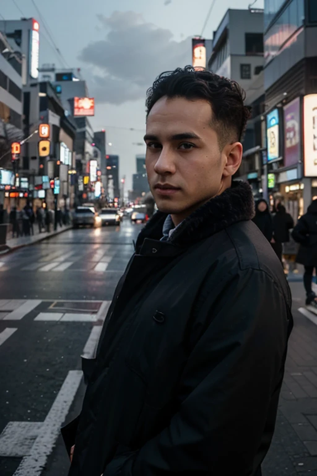 Photorealsitic, 8k full-length portraits, a Male with curly short hair big forehead, front view, 25 years old, TOKYOcty, Winters, Shibuya in the background, japan ads background, in a long distance photo, photo profile style