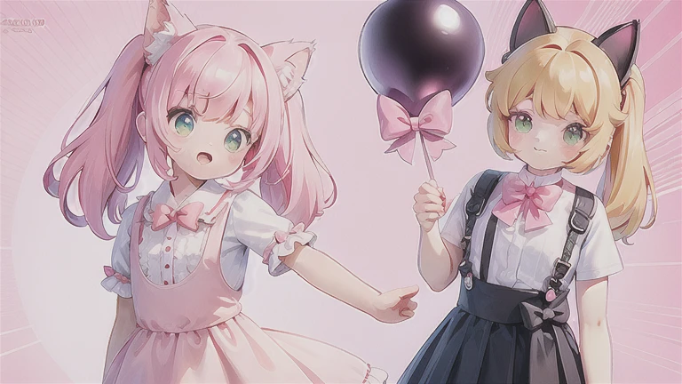 (masterpiece, highest quality, highest quality, official art, beautiful and aesthetic:1.2),(8K, highest quality, masterpiece:1.2),A cartoon character with a cat on his back and a girl in a white shirt and pink tie, 1 girl, blush, smile, open your mouth, bangs, skirt, blonde, shirt, bow, animal ears, twin ponytail, , green eyes, tail, white shirt, short sleeve, pleated skirt, tooth, collared shirt, Cat ear, bow tie, black skirt, Copyright name, fake animal ears, pink bow, balloon, Dress waist circumference, pink bow tie