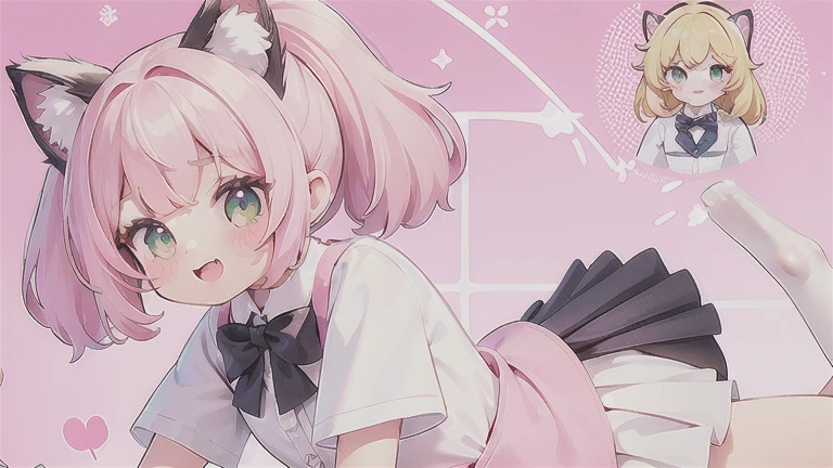 (masterpiece, highest quality, highest quality, official art, beautiful and aesthetic:1.2),(8K, highest quality, masterpiece:1.2),A cartoon character with a cat on his back and a girl in a white shirt and pink tie, 1 girl, blush, smile, open your mouth, bangs, skirt, blonde, shirt, bow, animal ears, twin ponytail, , green eyes, tail, white shirt, short sleeve, pleated skirt, tooth, collared shirt, Cat ear, bow tie, black skirt, Copyright name, fake animal ears, pink bow, balloon, Dress waist circumference, pink bow tie