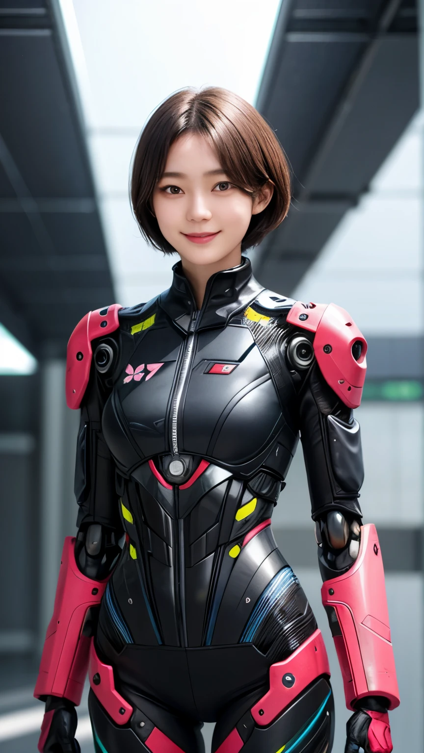 207 Short Hair, 20 year old female, Floral, gentle smile, futuristic clothes, mechanical suit