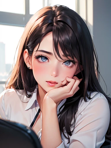 (high quality, High resolution, fine details, actual), ((((A seductive expression)))), Put your hands on my face, rely on, ((((Kiss me)))), alone, miss, ((Female office worker)), Bright Eyes, (exquisite eyes), heart shaped eyes, blush, Shallow depth of field