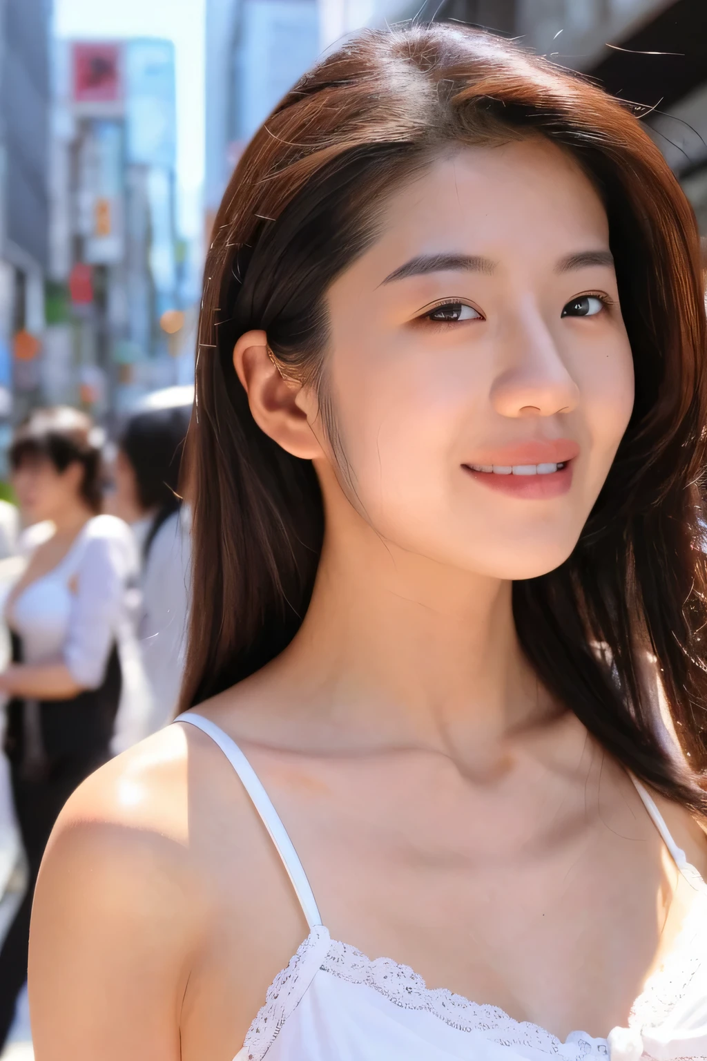 NSFW:1.5,((highest quality、8K resolution、master masterpiece、portrait:1.3)), Photoreal, 35mm film, 1 Japanese female, Upper body、on the street during the day, wrinkles around the eyes、Waving Perm、plump body、black hair、smile,((white bra_panties:1.3)) , (outdoor:city street 1.3), jumbled background,look at the audience,Tokyo cityscape:1.3,smile