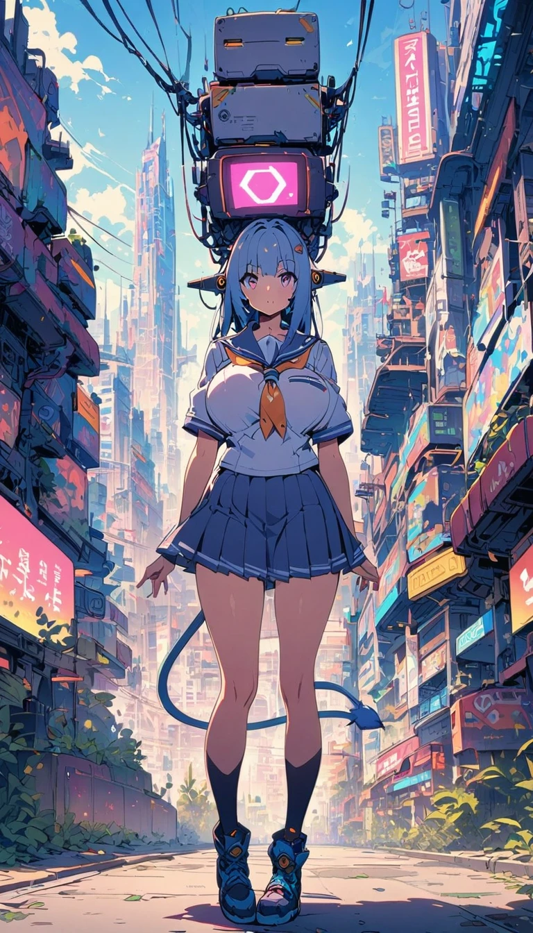 TV screen head robot girl high school sailor uniform big breasts Wire plug tail sci-fi city full-body shot