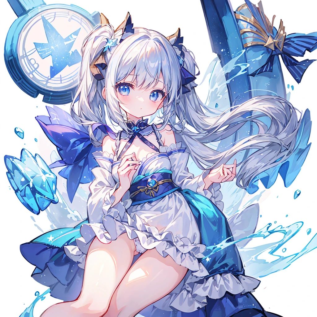 Star Fairy、((masterpiece))、((highest quality))、((Super fine))、pretty girl、gray hair、beautiful blue eyes、Kimono Goth 、ribbon、Angel's wing、🤍、((simple white background))、☆、