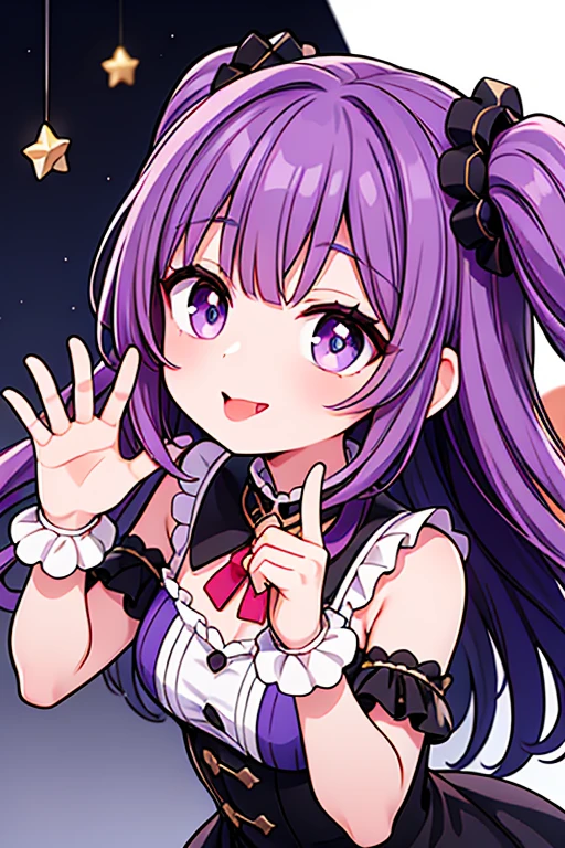 Ai Hoshino, gloves, tongue sticking out, tongue, long hair, star (symbol), view audience, (purple hair: 1.2), purple eyes, Upper body, hair accessory, frills, pink shirt, smile, No sleeve, shirt, Idol, symbol shaped pupil, please raise your hand, bangs, one side facing up, star-shaped pupils, raise your arms, Dress Pull, tungsten々young 20s, isometric, From above, whole body, rembrandt, figure, detailed, Depth of the bounds written, looking at the audience, peace sign, please raise your hand, tongue out, highest quality, High resolution.