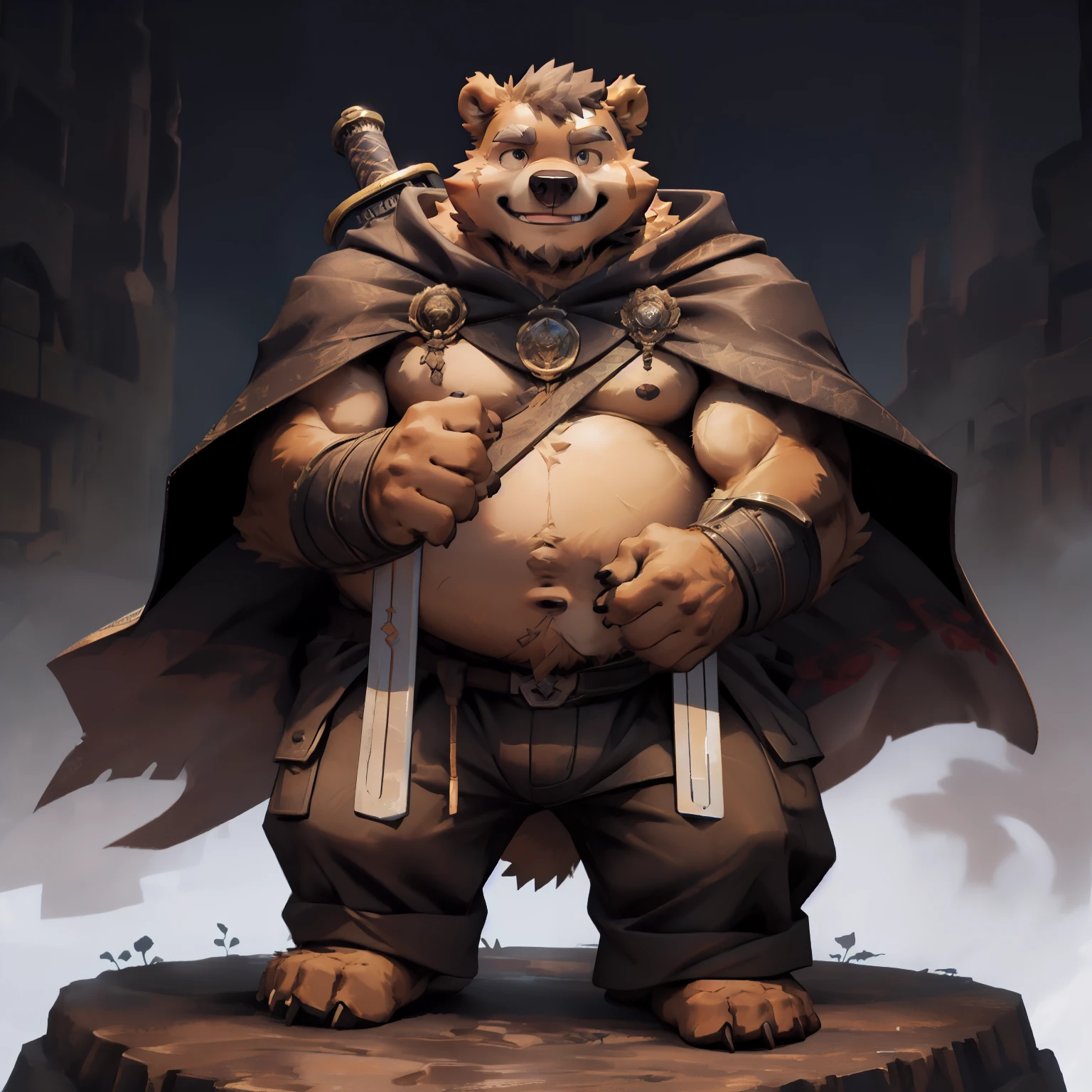 New Jersey 5 Hairy, Bear，thick eyebrows，Full body portrait of an individual,exquisite， chubby，Fat，thick arms，Rugged muscles，plush fur，cloak，Warriors Pants，Great sword，Smile