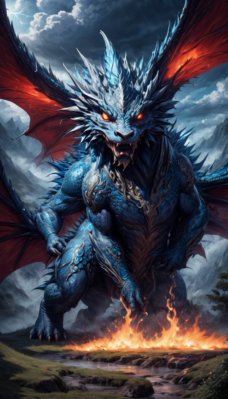 (highest quality、masterpiece、High resolution、detailed)、Anime-style illustration of a massive dragon emitting powerful energy. The dragon has strong red and black scales and is releasing a vivid stream of blue and white energy from its mouth. Its posture is fierce, and its eyes radiate intense passion. The background features tumultuous clouds and swirling lightning, emphasizing the might of the dragon's energy. The overall scene creates an impactful composition that conveys the roar of the dragon and the raw power it unleashes, leaving a strong impression on the viewer.
