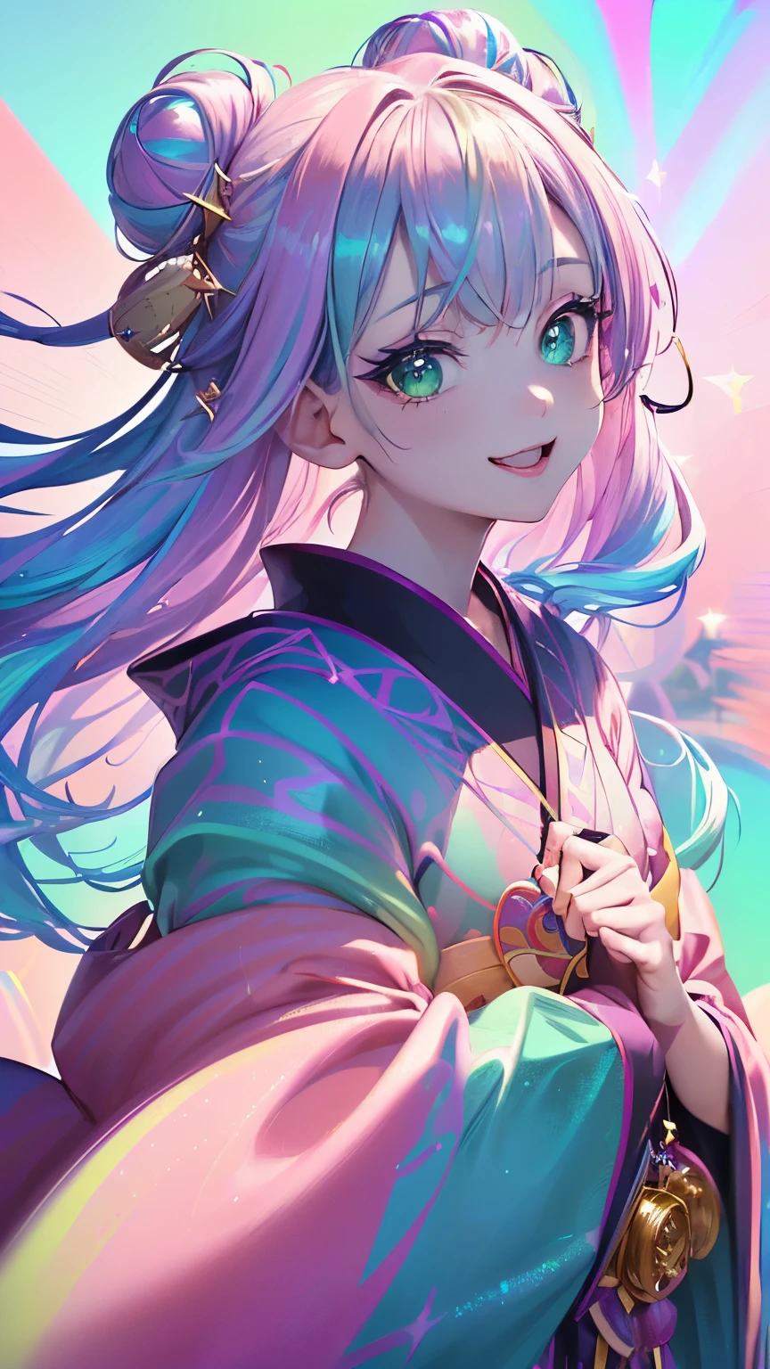 portrait, best quality, super fine, 16k, incredibly absurdres, extremely detailed, smiling cute girl, excited expression, surprised expression, pink messy hair, wind, wind-effect, sparking green eyes, wearing chic Japanese kimono fashion, (background fantastic and mysterious, variety of visual styles that combine various artistic elements like a sparkling iridescent pastel and vivid colors:1.5)