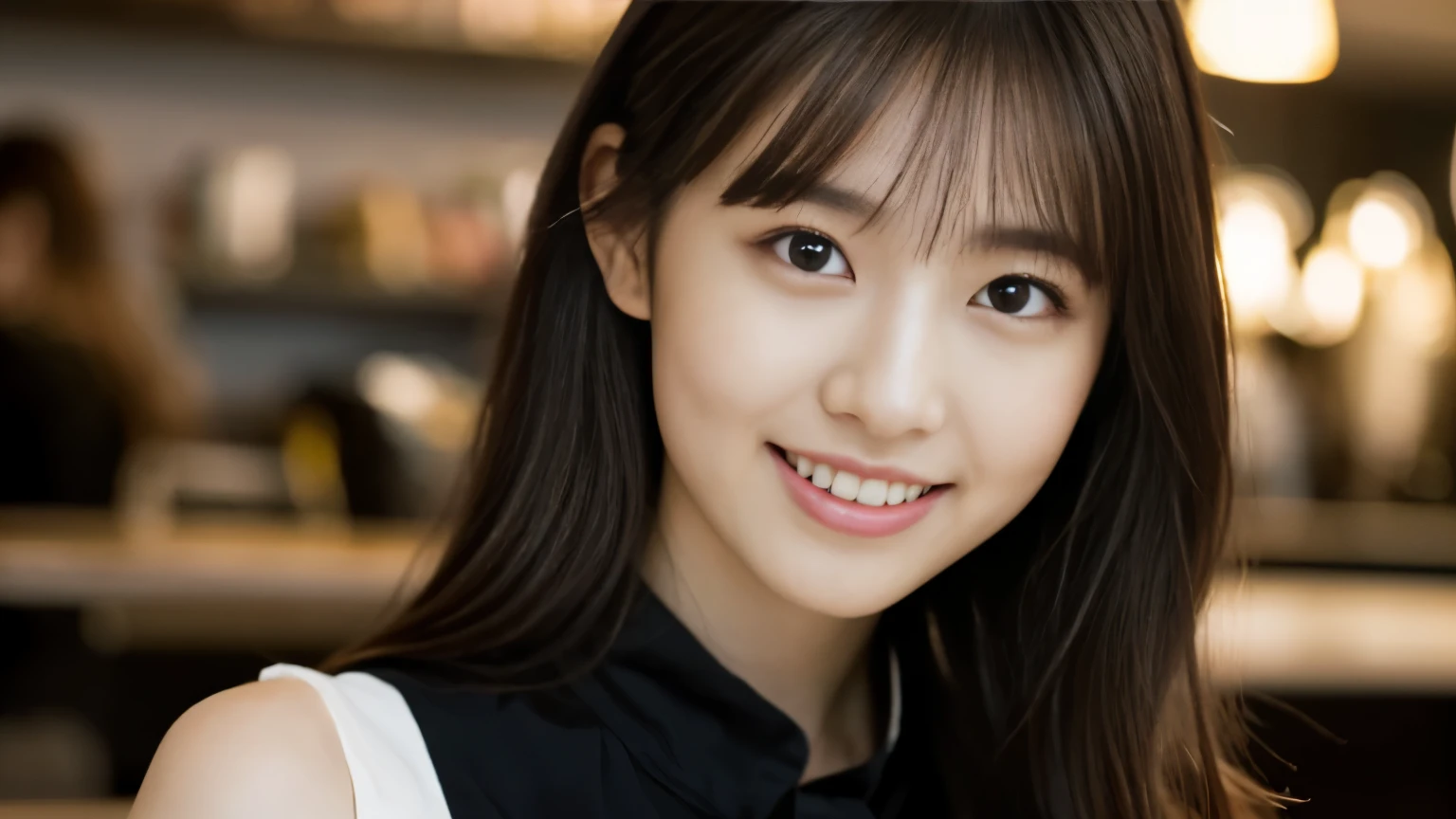 1 girl, (Wearing a black blouse:1.2), beautiful japanese actress,
(Raw photo, highest quality), (realistic, Photoreal:1.4), masterpiece, 
very delicate and beautiful, very detailed, 2k wallpaper, wonderful, 
finely, very detailed CG Unity 8K 壁紙, Super detailed, High resolution, 
soft light, beautiful detailed girl, very detailed目と顔, beautifully detailed nose, beautiful and detailed eyes, cinematic lighting, 
break
(With a stylish cafe interior as the background 1.3), Lights in the cafe, 
perfect anatomy, slender body, smile, Face the front completely, look at the camera