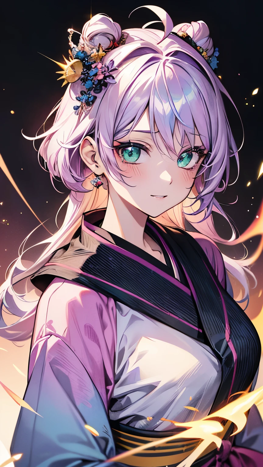 portrait, best quality, super fine, 16k, incredibly absurdres, extremely detailed, smiling cute girl, excited expression, surprised expression, pink messy hair, wind, wind-effect, sparking green eyes, wearing chic Japanese kimono fashion, (background fantastic and mysterious, variety of visual styles that combine various artistic elements like a sparkling iridescent pastel and vivid colors:1.5)