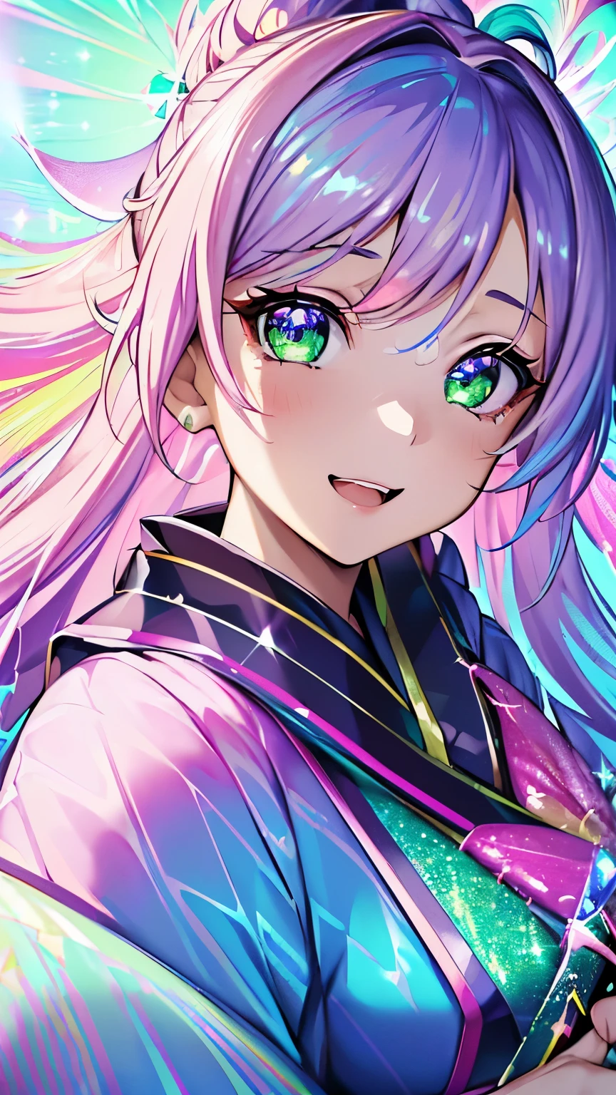 portrait, best quality, super fine, 16k, incredibly absurdres, extremely detailed, smiling cute girl, excited expression, surprised expression, pink messy hair, wind, wind-effect, sparking green eyes, wearing chic Japanese kimono fashion, (background fantastic and mysterious, variety of visual styles that combine various artistic elements like a sparkling iridescent pastel and vivid colors:1.5)