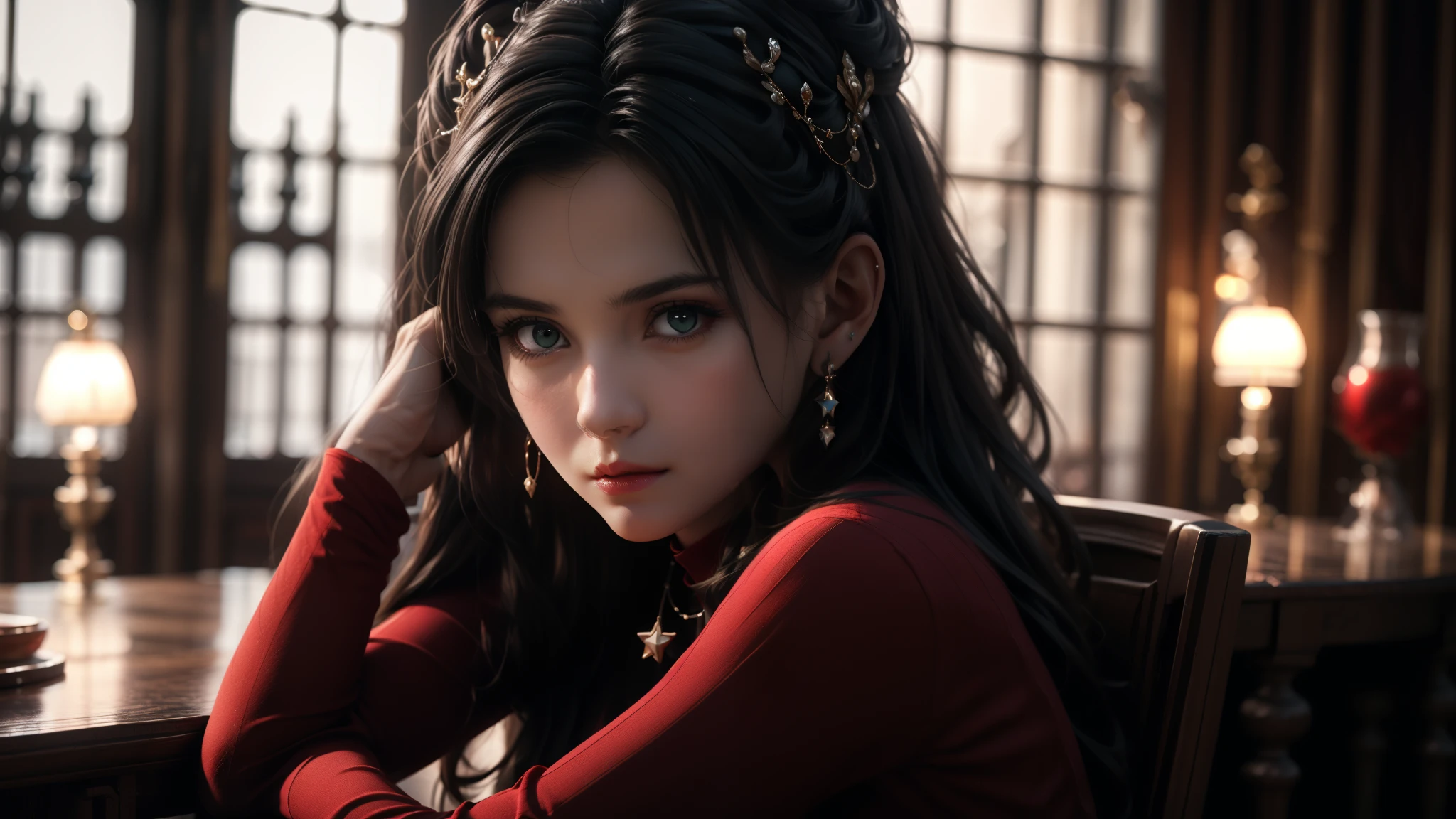 Superb Quality, Masterpiece, High Resolution, 1Girl sitting on a throne, Red eyes, White hair, Blush, (Seductive Smile: 0.8), Star Pupil, Hair Accessories, Necklace, Jewelry, Beauty, on_body, Tyndall Effect, Realism, Black throne, , Light Edge, Two-tone Lighting, (High Detail Skin: 1.2), 8K UHD, DSLR, Soft Light, High Quality, Volume Lighting, Candid Photo, High Resolution, 4K, 8K, Background Bokeh, dragon companion