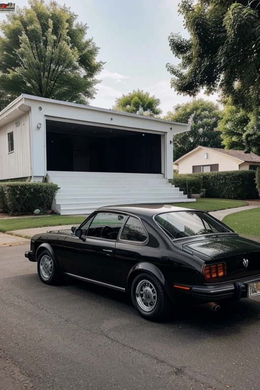 best quality, realistic house with garage, detailed black 1978 Opalla Coupe, white Volkswagen G5