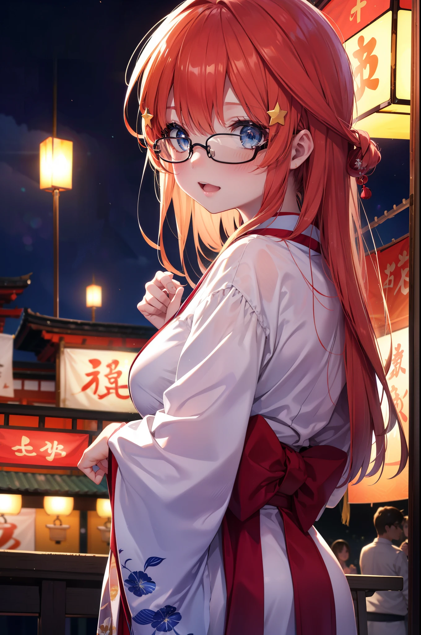 itsukinakano, itsuki nakano, bangs, blue eyes, hair between eyes, Ahoge, redhead, star \(symbol\), hair ornaments, star hair ornaments,Ahab&#39;glasses,smile,blush,happy atmosphere,open your mouth,long hair,tie your hair back,Red luxury kimono,night空のfirework,firework,Zori sandals,japanese festival,summer festival stalls,red lantern,night,Make sure the whole body is included in the illustration, night
break outdoors, shrine,
break (masterpiece:1.2), highest quality, High resolution, unity 8k wallpaper, (shape:0.8), (fine and beautiful eyes:1.6), highly detailed face, perfect lighting, Very detailed CG, (perfect hands, perfect anatomy),